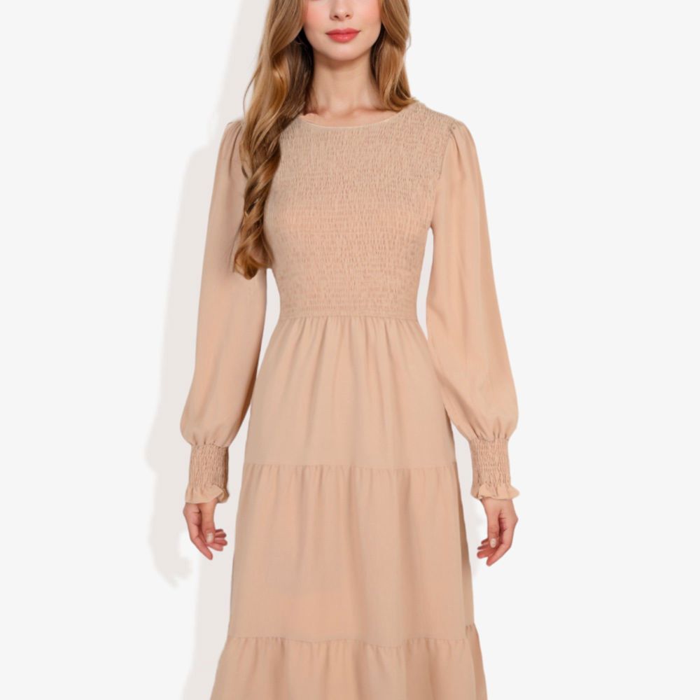 Long Sleeve Smocked Maxi Dress with Tiered Skirt and Elegant Crew Neck Design for Stylish Casual Wear