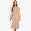 Beige Large Long Sleeve Smocked Maxi Dress with Tiered Skirt and Elegant Crew Neck Design for Stylish Casual Wear