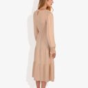 Beige Large Long Sleeve Smocked Maxi Dress with Tiered Skirt and Elegant Crew Neck Design for Stylish Casual Wear