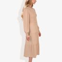 Beige Large Long Sleeve Smocked Maxi Dress with Tiered Skirt and Elegant Crew Neck Design for Stylish Casual Wear