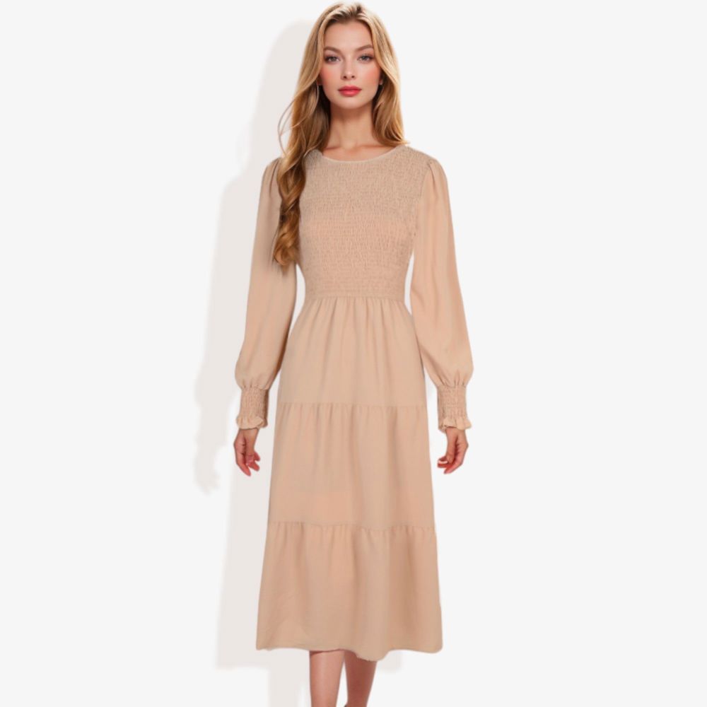 Long Sleeve Smocked Maxi Dress with Tiered Skirt and Elegant Crew Neck Design for Stylish Casual Wear