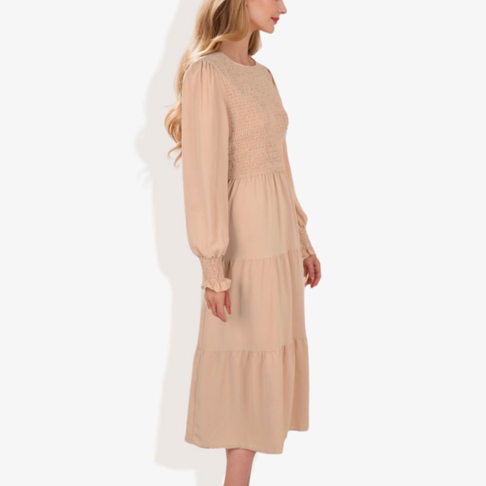 Long Sleeve Smocked Maxi Dress with Tiered Skirt and Elegant Crew Neck Design for Stylish Casual Wear