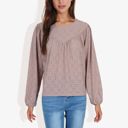  Long Sleeve Eyelet Lace Blouse with Crew Neck and Balloon Sleeves Perfect for Elegant Casual Wear