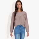  Long Sleeve Eyelet Lace Blouse with Crew Neck and Balloon Sleeves Perfect for Elegant Casual Wear