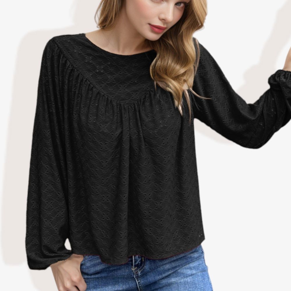 Long Sleeve Eyelet Lace Blouse with Crew Neck and Balloon Sleeves Perfect for Elegant Casual Wear