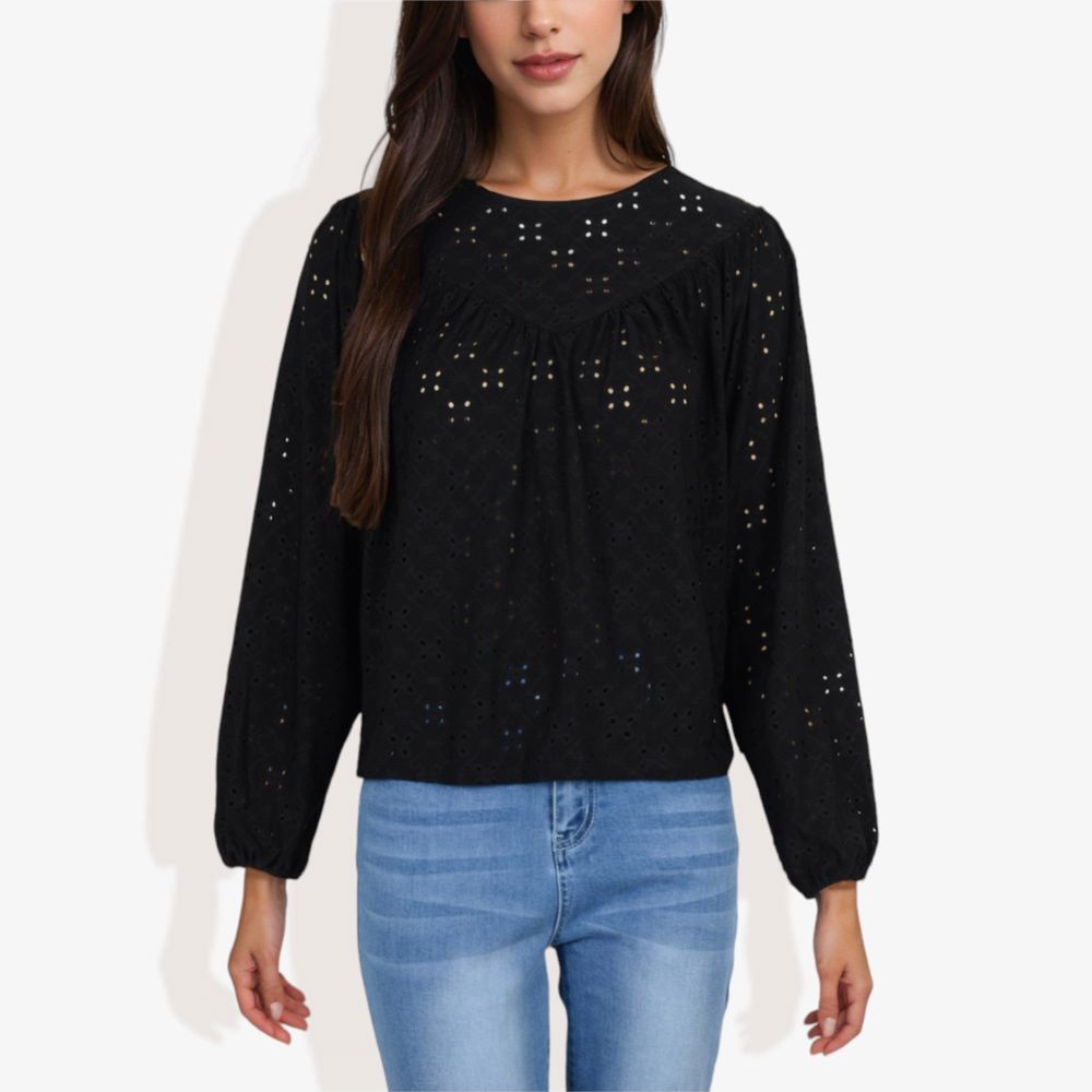 Long Sleeve Eyelet Lace Blouse with Crew Neck and Balloon Sleeves Perfect for Elegant Casual Wear