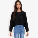 Black Large Long Sleeve Eyelet Lace Blouse with Crew Neck and Balloon Sleeves Perfect for Elegant Casual Wear