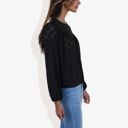 Black Large Long Sleeve Eyelet Lace Blouse with Crew Neck and Balloon Sleeves Perfect for Elegant Casual Wear