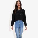 Black Large Long Sleeve Eyelet Lace Blouse with Crew Neck and Balloon Sleeves Perfect for Elegant Casual Wear