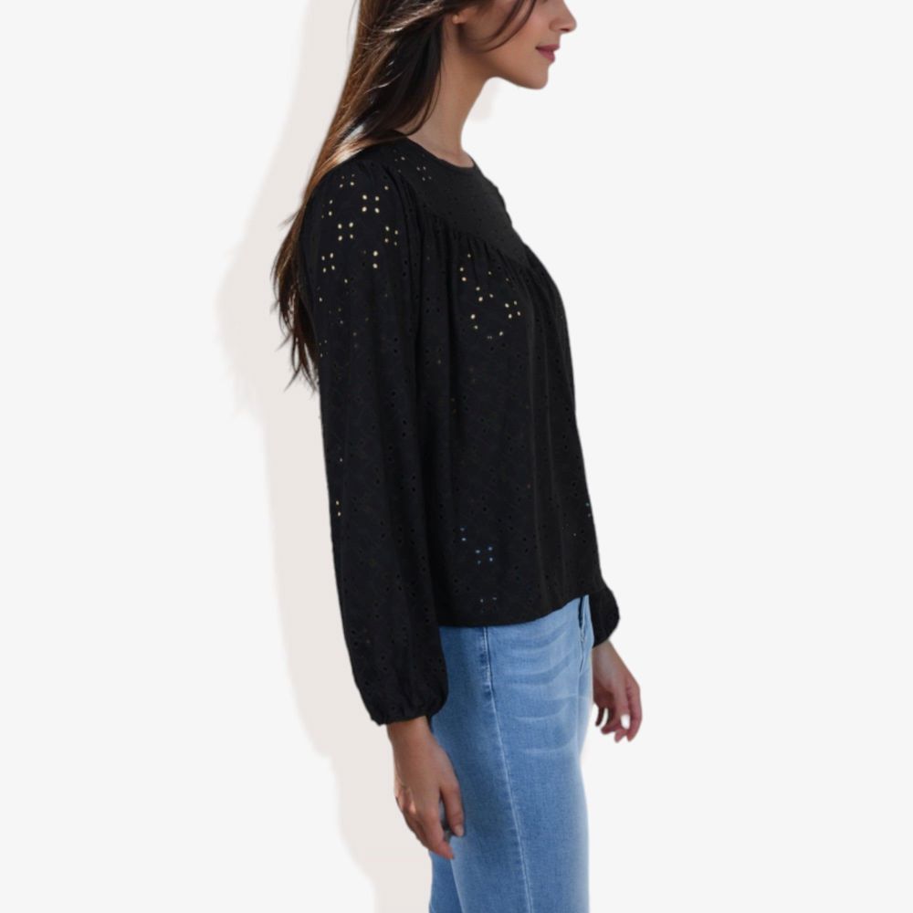 Long Sleeve Eyelet Lace Blouse with Crew Neck and Balloon Sleeves Perfect for Elegant Casual Wear