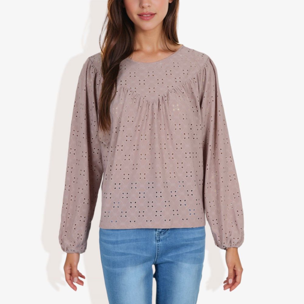 Long Sleeve Eyelet Lace Blouse with Crew Neck and Balloon Sleeves Perfect for Elegant Casual Wear