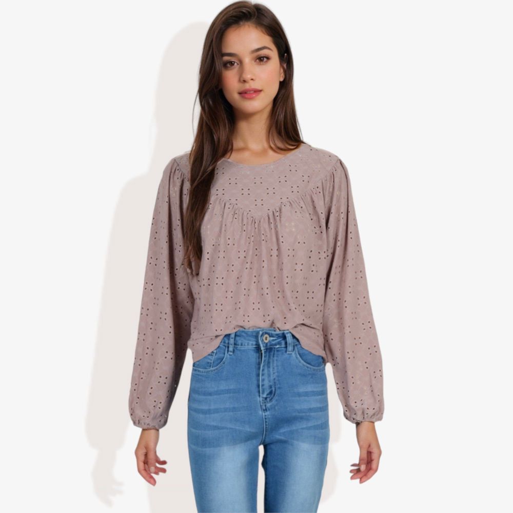 Long Sleeve Eyelet Lace Blouse with Crew Neck and Balloon Sleeves Perfect for Elegant Casual Wear