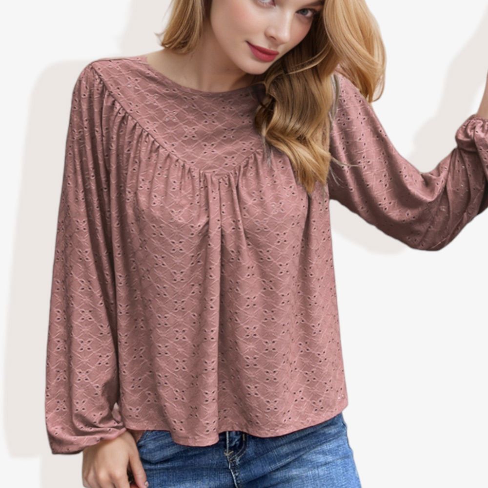 Long Sleeve Eyelet Lace Blouse with Crew Neck and Balloon Sleeves Perfect for Elegant Casual Wear