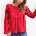 Red Large Long Sleeve Eyelet Lace Blouse with Crew Neck and Balloon Sleeves Perfect for Elegant Casual Wear