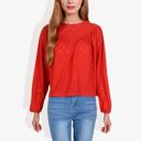 Red Large Long Sleeve Eyelet Lace Blouse with Crew Neck and Balloon Sleeves Perfect for Elegant Casual Wear