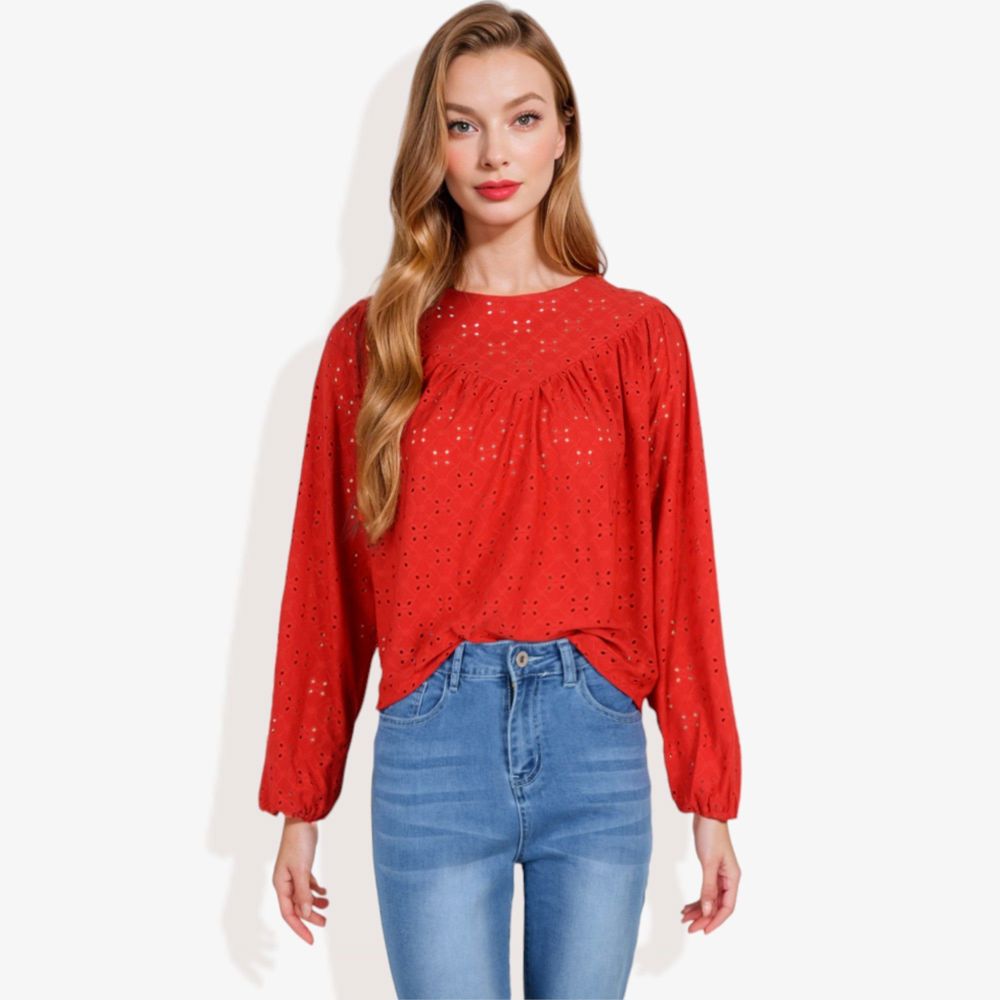 Long Sleeve Eyelet Lace Blouse with Crew Neck and Balloon Sleeves Perfect for Elegant Casual Wear