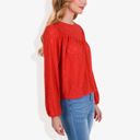 Red Large Long Sleeve Eyelet Lace Blouse with Crew Neck and Balloon Sleeves Perfect for Elegant Casual Wear