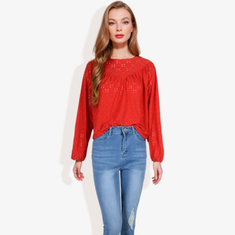 Long Sleeve Eyelet Lace Blouse with Crew Neck and Balloon Sleeves Perfect for Elegant Casual Wear