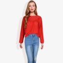 Red Large Long Sleeve Eyelet Lace Blouse with Crew Neck and Balloon Sleeves Perfect for Elegant Casual Wear