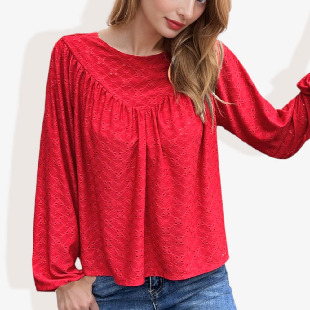 Long Sleeve Eyelet Lace Blouse with Crew Neck and Balloon Sleeves Perfect for Elegant Casual Wear