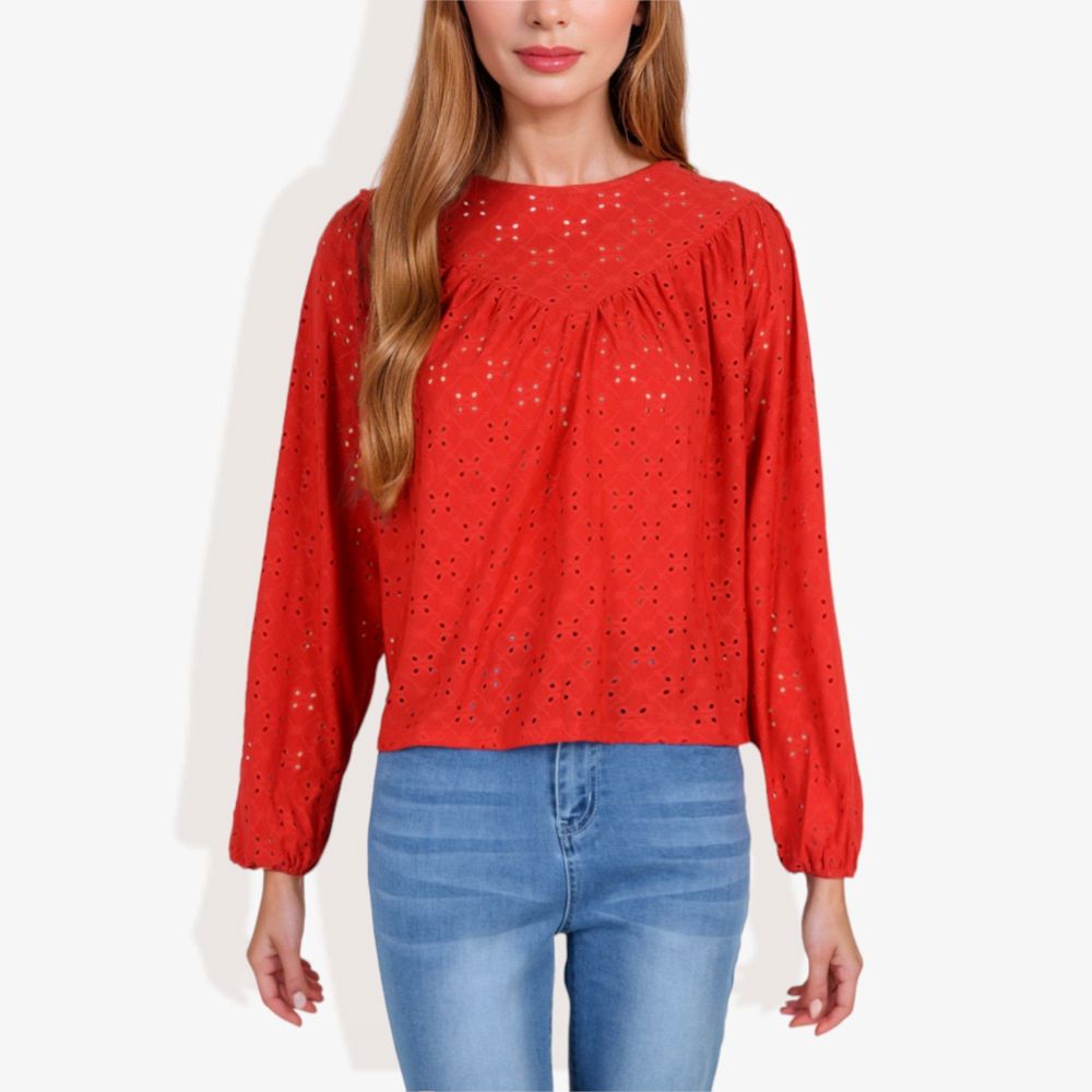 Long Sleeve Eyelet Lace Blouse with Crew Neck and Balloon Sleeves Perfect for Elegant Casual Wear