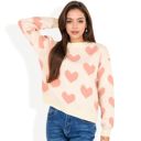  Heart Patterned Knit Sweater with Long Sleeves and Crew Neck