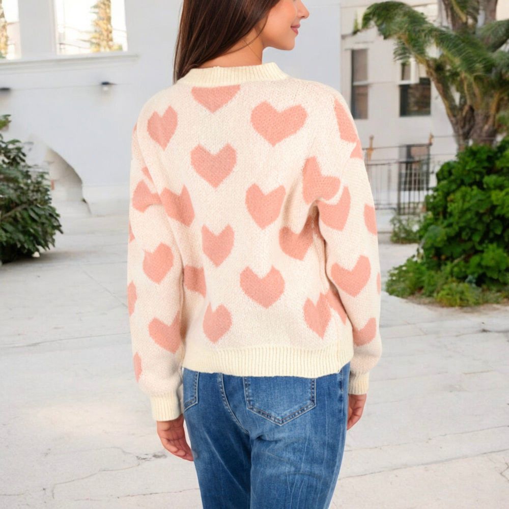 Heart Patterned Knit Sweater with Long Sleeves and Crew Neck