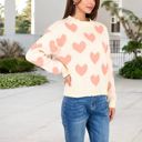  Heart Patterned Knit Sweater with Long Sleeves and Crew Neck