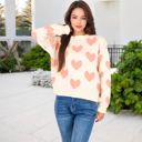  Heart Patterned Knit Sweater with Long Sleeves and Crew Neck