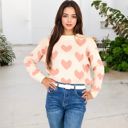  Heart Patterned Knit Sweater with Long Sleeves and Crew Neck