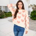  Heart Patterned Knit Sweater with Long Sleeves and Crew Neck