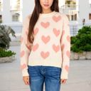  Heart Patterned Knit Sweater with Long Sleeves and Crew Neck