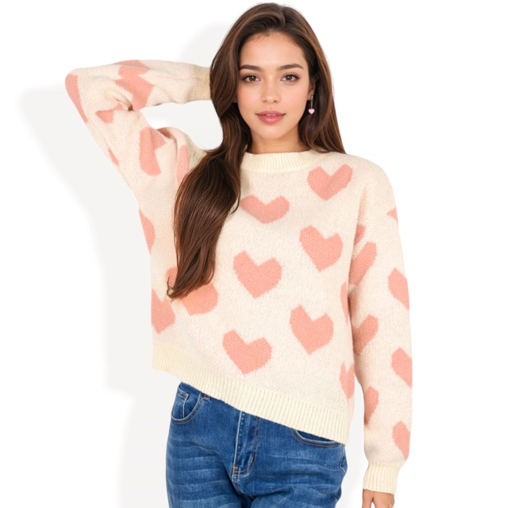 Heart Patterned Knit Sweater with Long Sleeves and Crew Neck