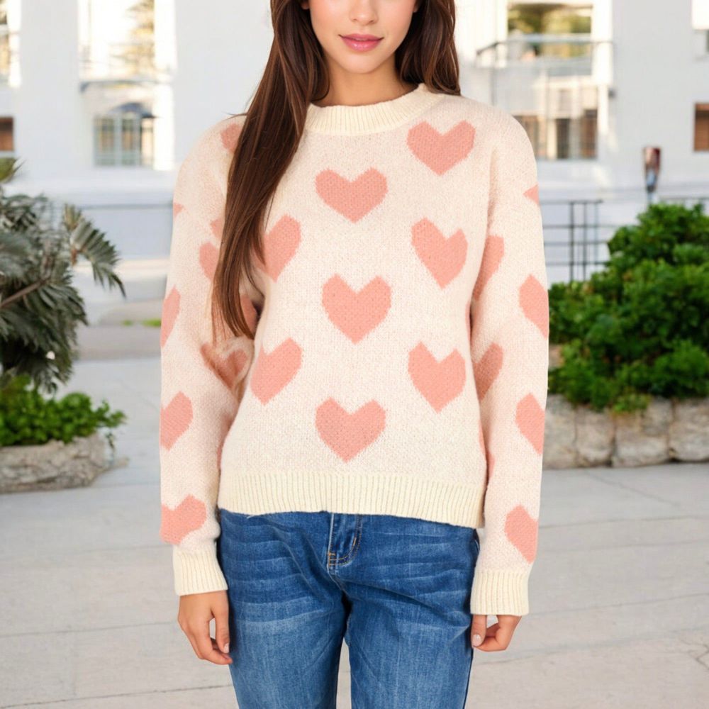 Heart Patterned Knit Sweater with Long Sleeves and Crew Neck