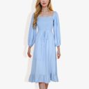  Smocked Midi Dress Long Puff Sleeves Square Neck Tie Waist