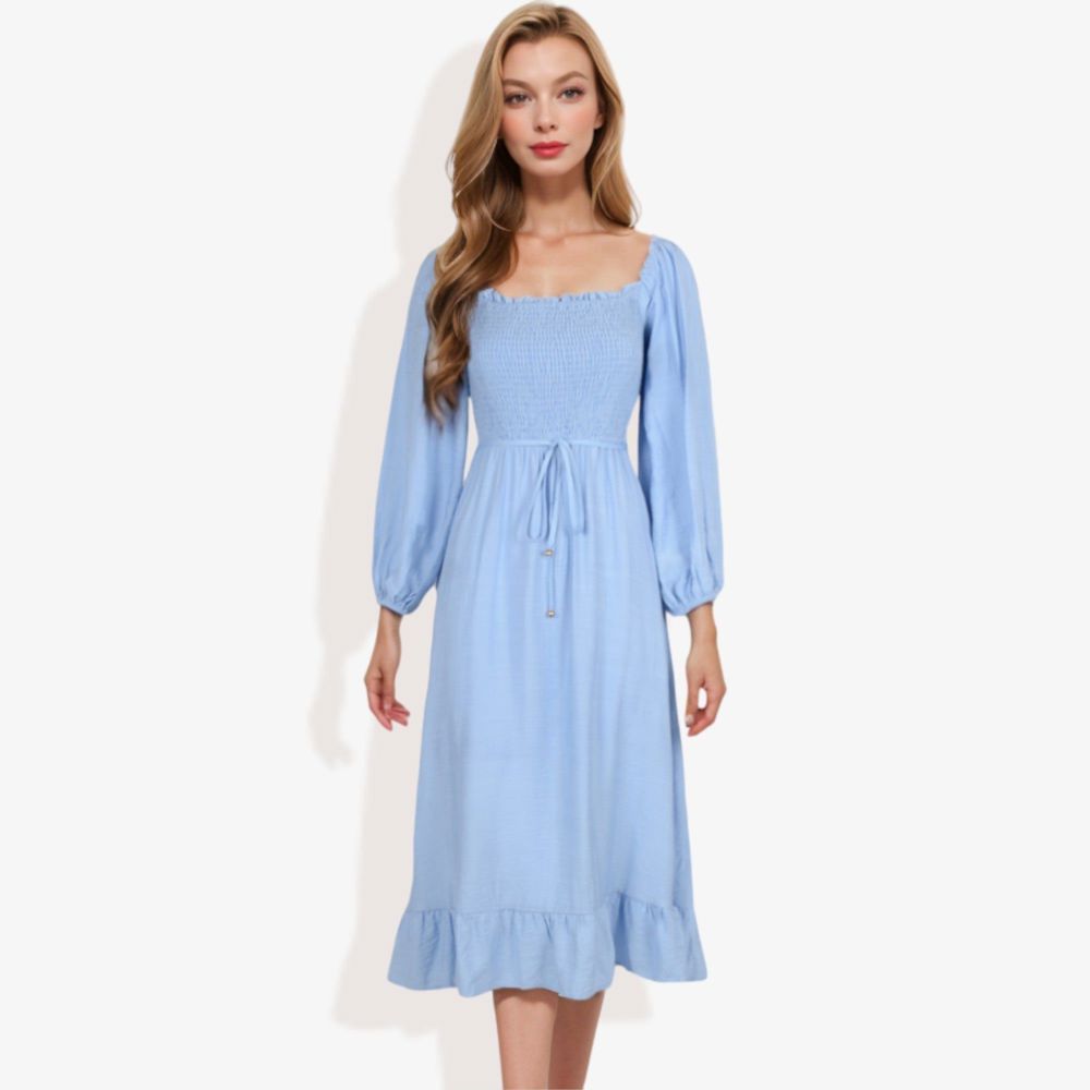 Smocked Midi Dress Long Puff Sleeves Square Neck Tie Waist