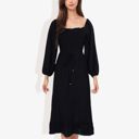 Black Large Smocked Midi Dress Long Puff Sleeves Square Neck Tie Waist