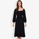 Black Large Smocked Midi Dress Long Puff Sleeves Square Neck Tie Waist