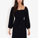 Black Large Smocked Midi Dress Long Puff Sleeves Square Neck Tie Waist