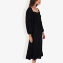 Black Large Smocked Midi Dress Long Puff Sleeves Square Neck Tie Waist