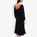 Black Large Smocked Midi Dress Long Puff Sleeves Square Neck Tie Waist