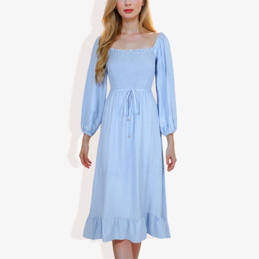 Smocked Midi Dress Long Puff Sleeves Square Neck Tie Waist