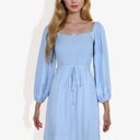 Blue XL Smocked Midi Dress Long Puff Sleeves Square Neck Tie Waist