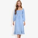 Blue XL Smocked Midi Dress Long Puff Sleeves Square Neck Tie Waist