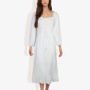 White Large Smocked Midi Dress Long Puff Sleeves Square Neck Tie Waist