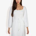 White Large Smocked Midi Dress Long Puff Sleeves Square Neck Tie Waist