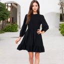 Black Large Smocked Waist Ruffle Hem Dress with Puff Sleeves