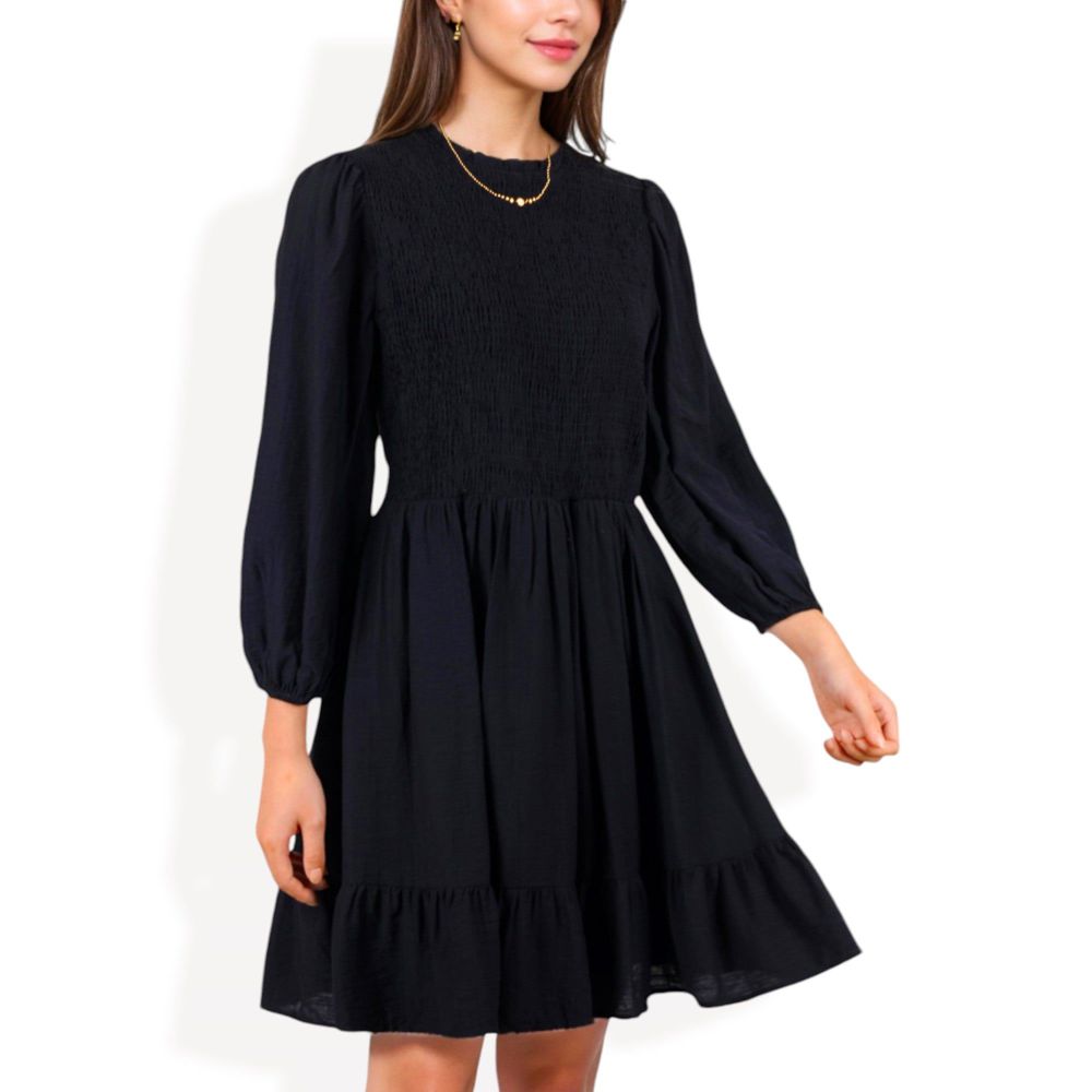 Smocked Waist Ruffle Hem Dress with Puff Sleeves