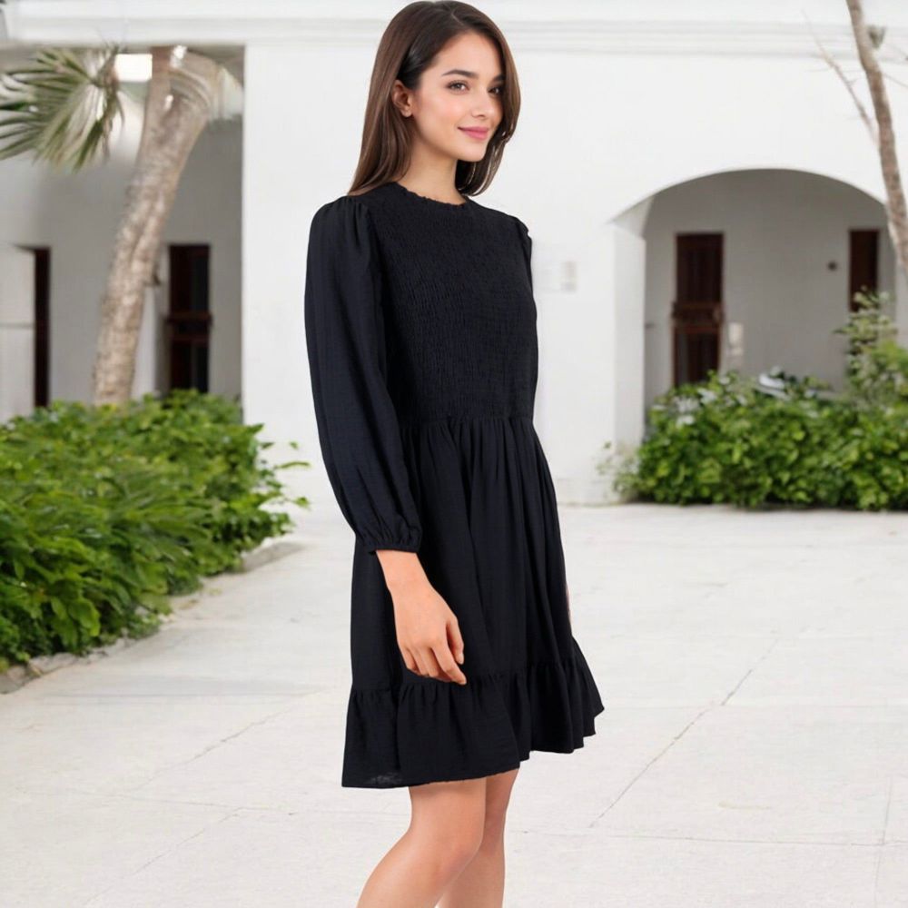 Smocked Waist Ruffle Hem Dress with Puff Sleeves