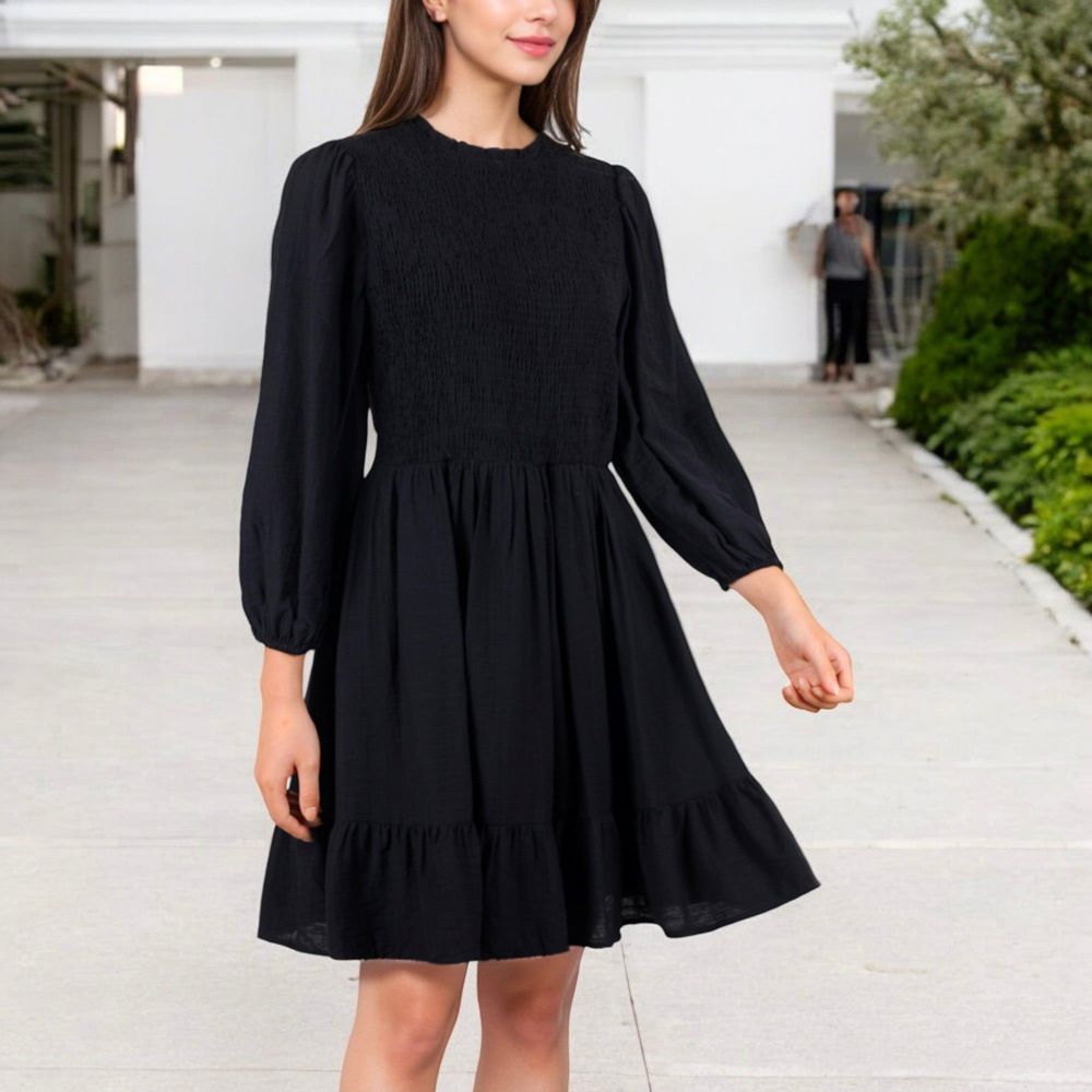 Smocked Waist Ruffle Hem Dress with Puff Sleeves